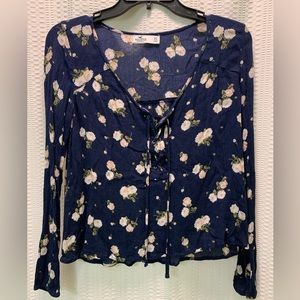 Hollister Lace Up Navy/Floral Bohemian Long Sleeve Top. Size XS